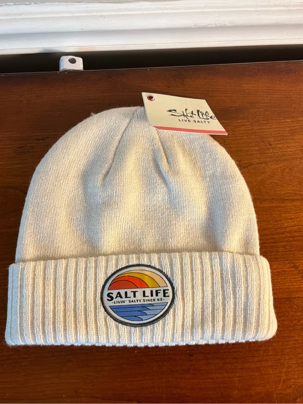 Salt Life Cream Ribbed Cuffed Beanie with Retro Logo